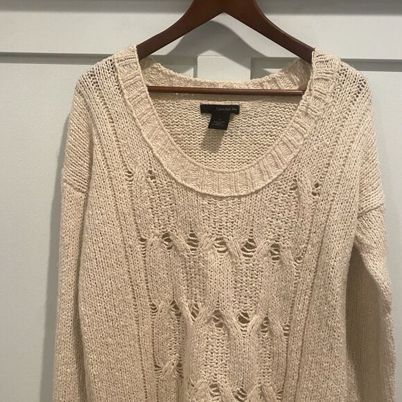 Calvin‎ Klein Sweater Women M Cream Fisherman Cable Oversized Scoop Neck Chunky - Picture 3 of 14